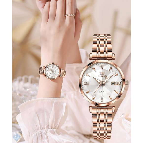 Women White Dial Rose Gold Stainless Steel Band Waterproof Watch main image 5